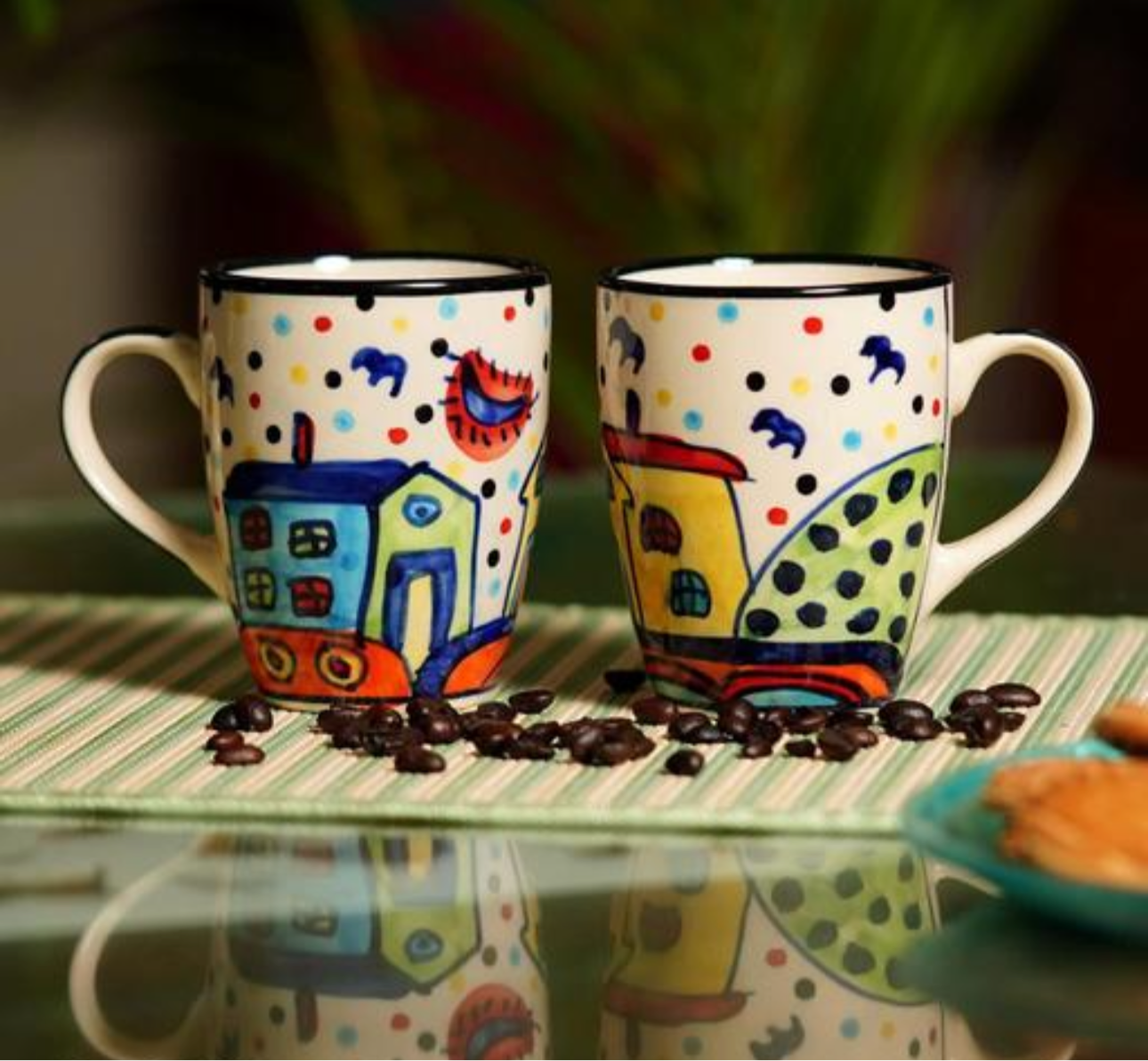Huts Handpainted Mugs - Set of 2