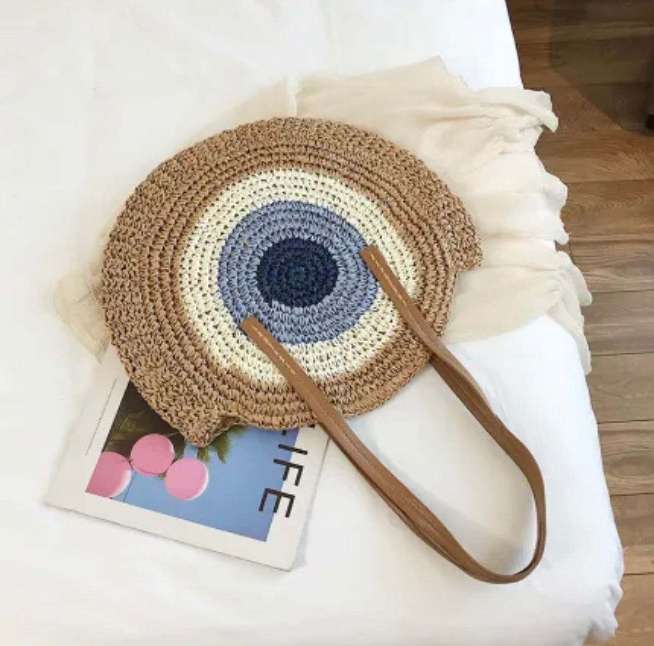 Evil Eye Round Straw Shoulder Bag