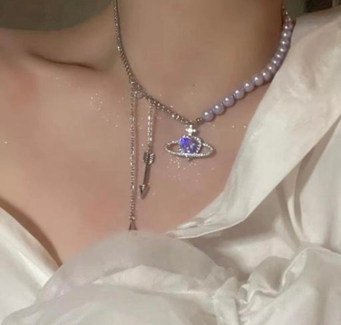 Exquisite Purple Pearly Heart Rhinestones Saturn Design Necklace