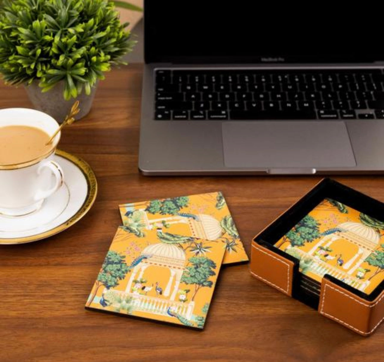 Premium Abstract Design Leather Coasters (Set of 6) with Leather Holder