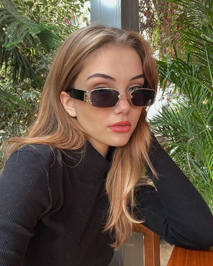 Luxury Vintage Rectangular Sunglasses Black & Gold with Metal Rim