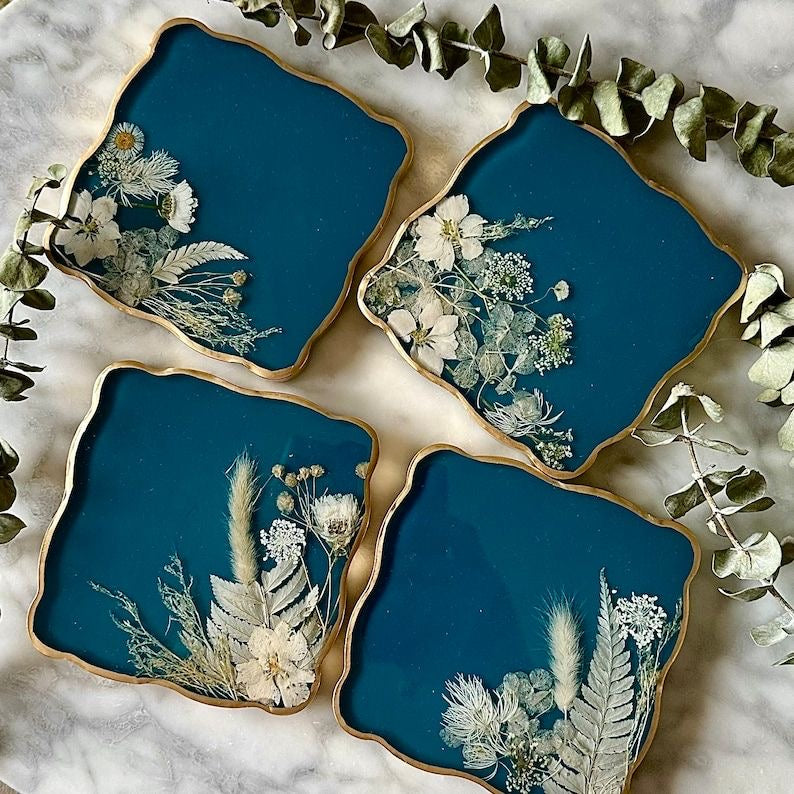 Blue Floral Square Coasters Set