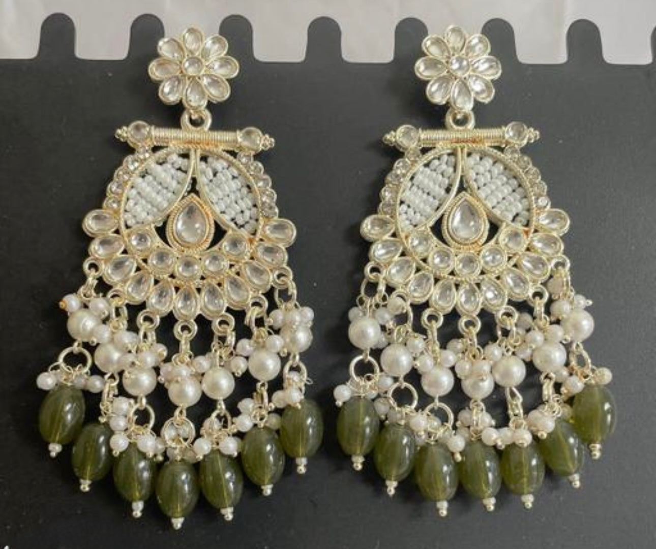 Olive Green & White Kundan Jhumka Earrings
