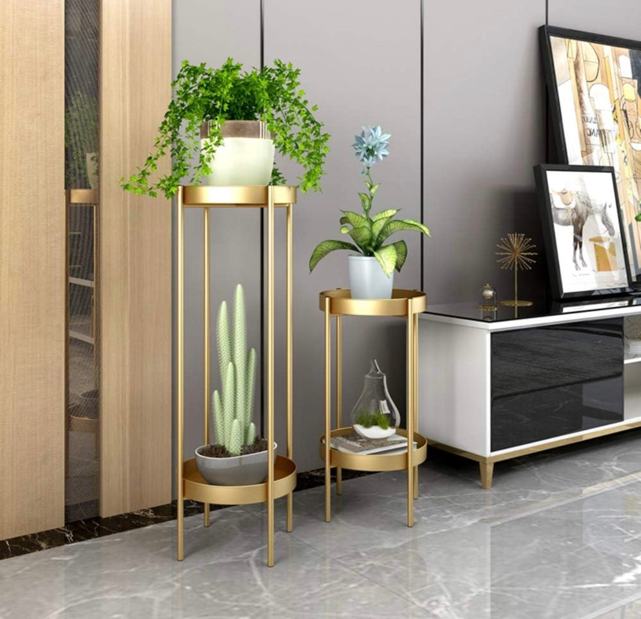 Set of 2 - Metal Floor Plant Stands (Gold)