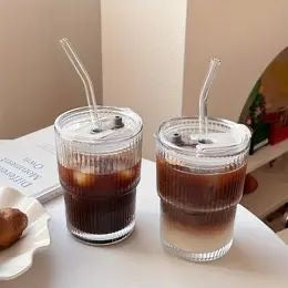 Striped Glass Cup with Straw & Lid