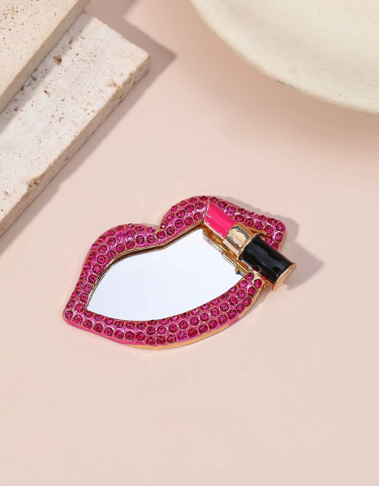 Rhinestones Studded Lip Shape Makeup Mirror