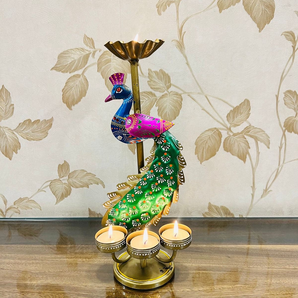 Handcrafted Antique Rustic Peacock Tea-light Candle Holder/Stand - Set of 2