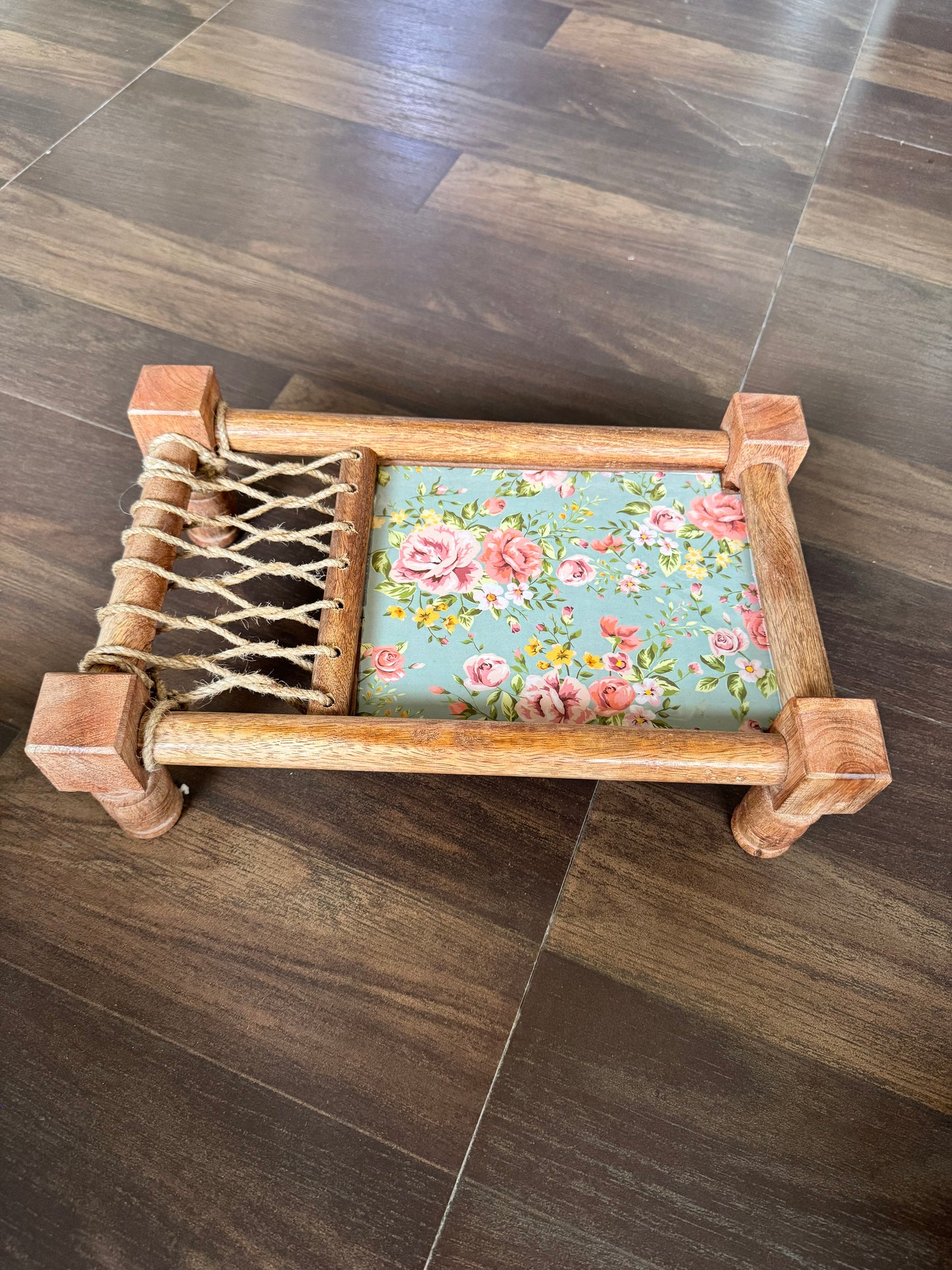 Exquisite Floral Print Wooden Khatiya/Cot Tray