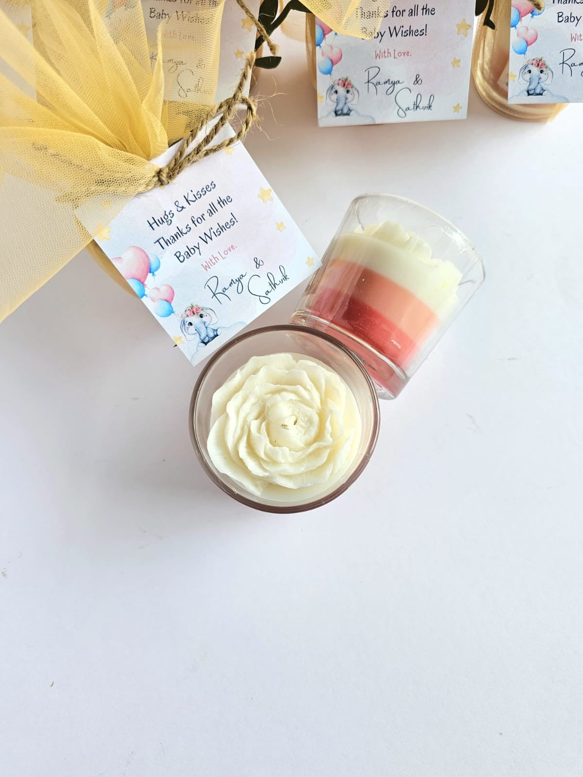 Flower Votive Candles for Return Gifts/Favours with Packaging & Personalised Tags/Stickers