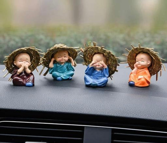 Cute Baby Monk Buddhas with Straw Hats - Set of 4