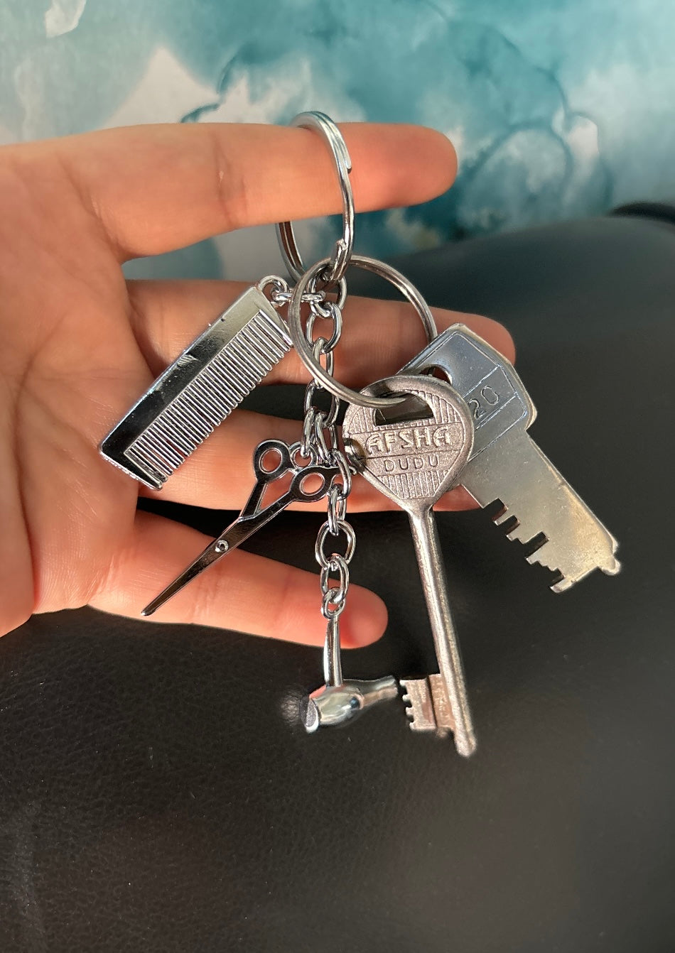 Silver Metal Miniature Dryer Scissor Comb Combo Keychain