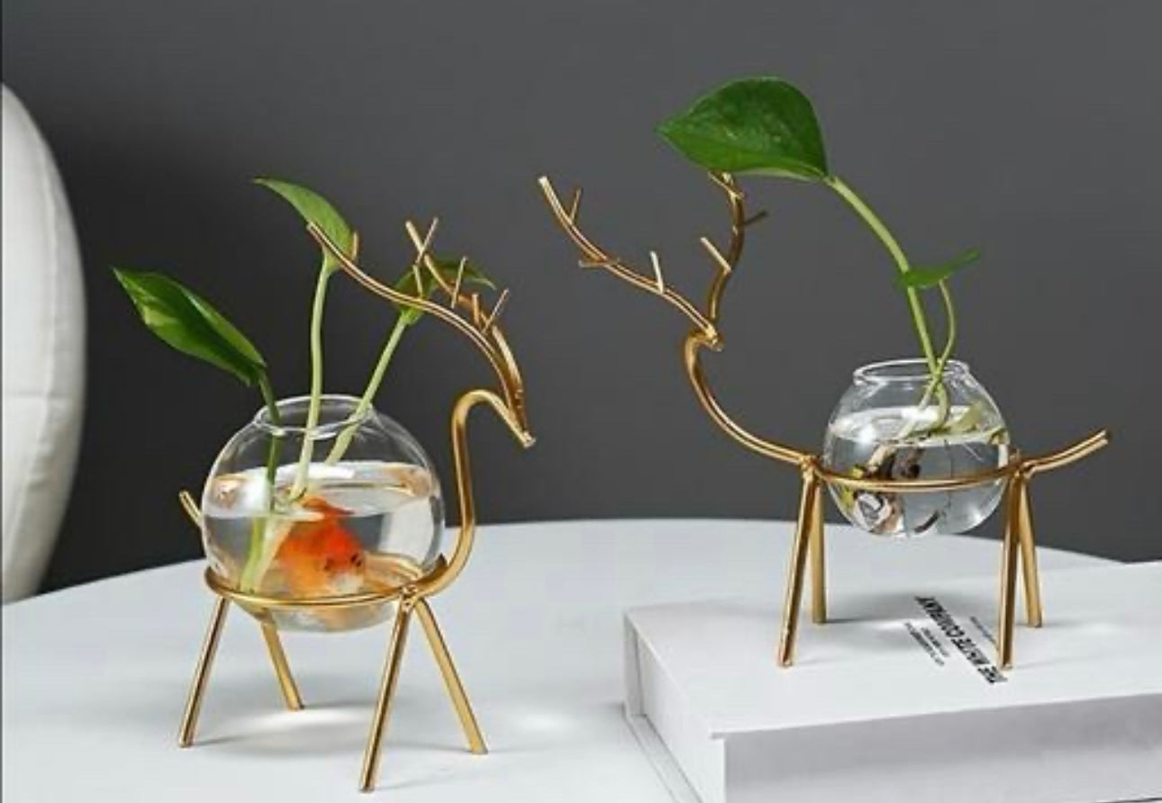 Multipurpose Deer-Shaped Glass Planters/Tea light Candle Holder- Set of 2 (Gold)