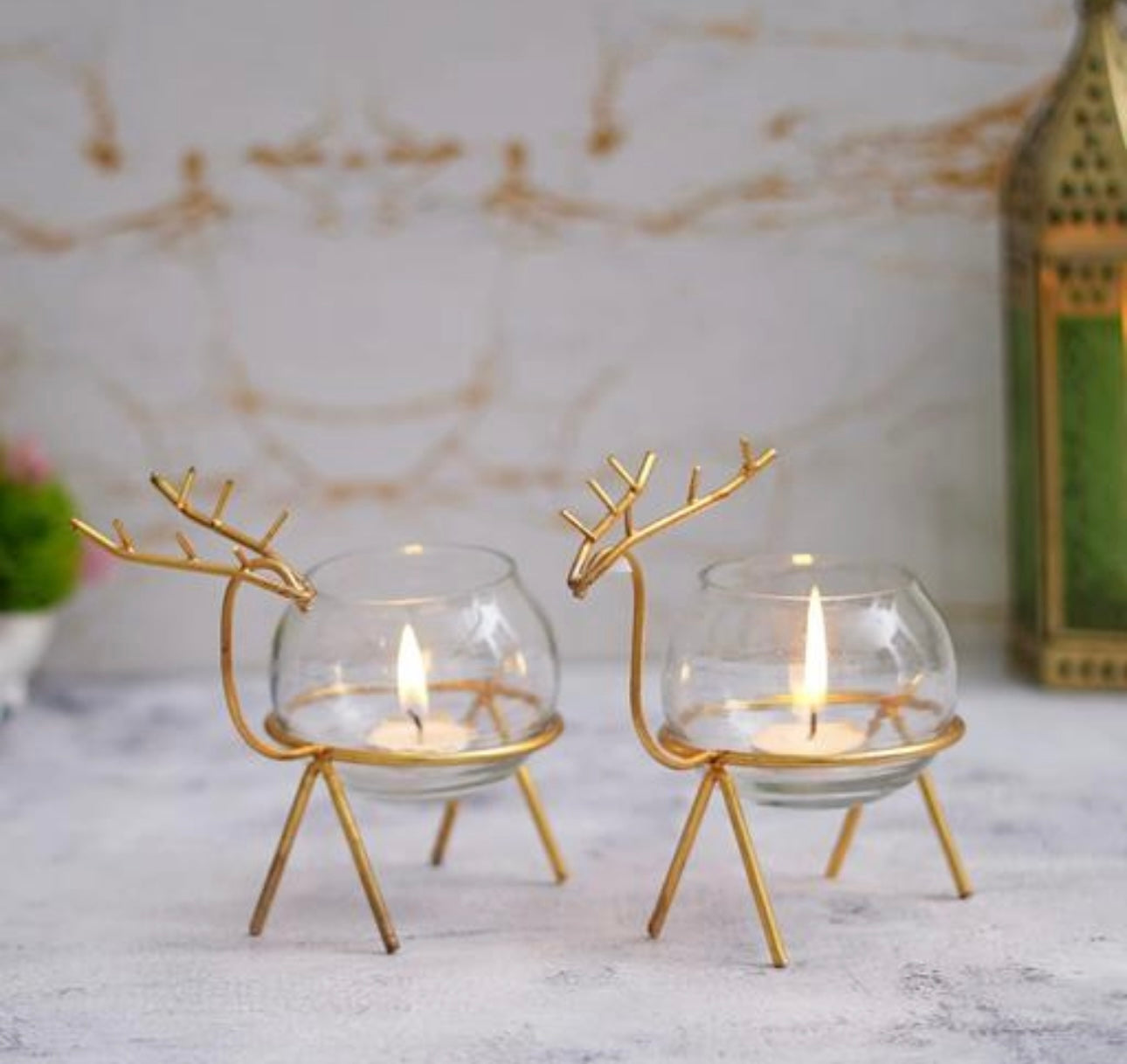 Multipurpose Deer-Shaped Glass Planters/Tea light Candle Holder- Set of 2 (Gold)
