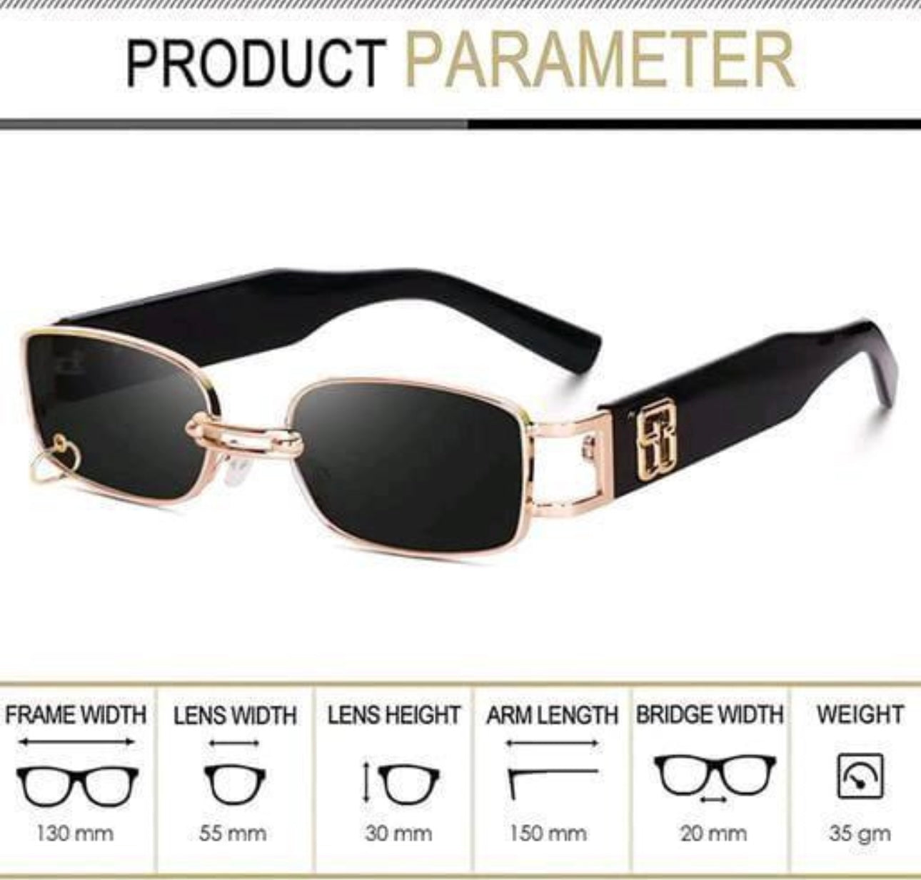 Luxury Vintage Rectangular Sunglasses Black & Gold with Metal Rim