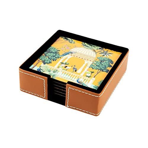 Premium Abstract Design Leather Coasters (Set of 6) with Leather Holder