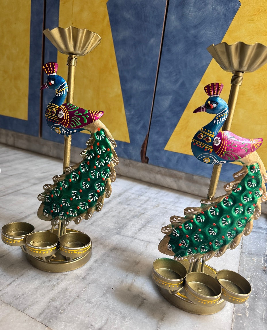 Handcrafted Antique Rustic Peacock Tea-light Candle Holder/Stand - Set of 2