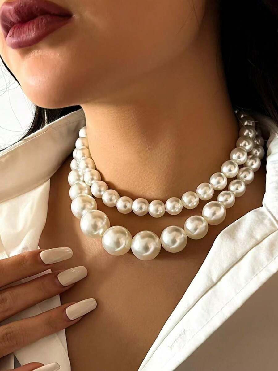 Elegant 2-Layers Pearl Beaded Choker Necklace