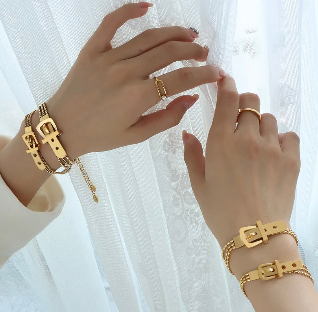18k Gold Bracelet Watch Belt Buckle 3-Layer Rice Bead Box Chain