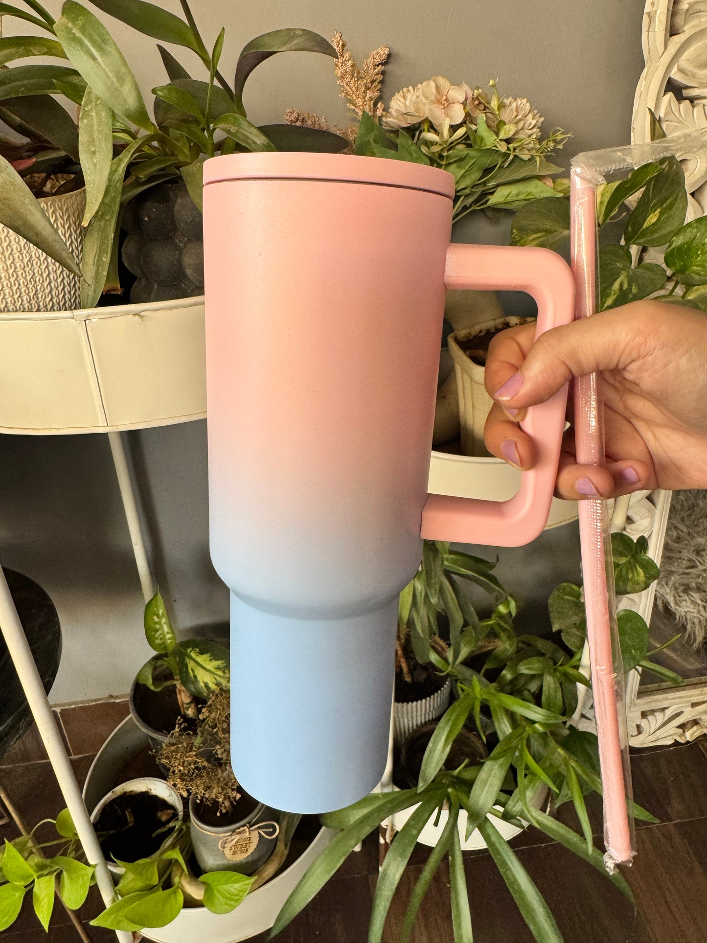 Stanley Mug Imitation Tumbler with Straw & Lid (Pink & Blue)