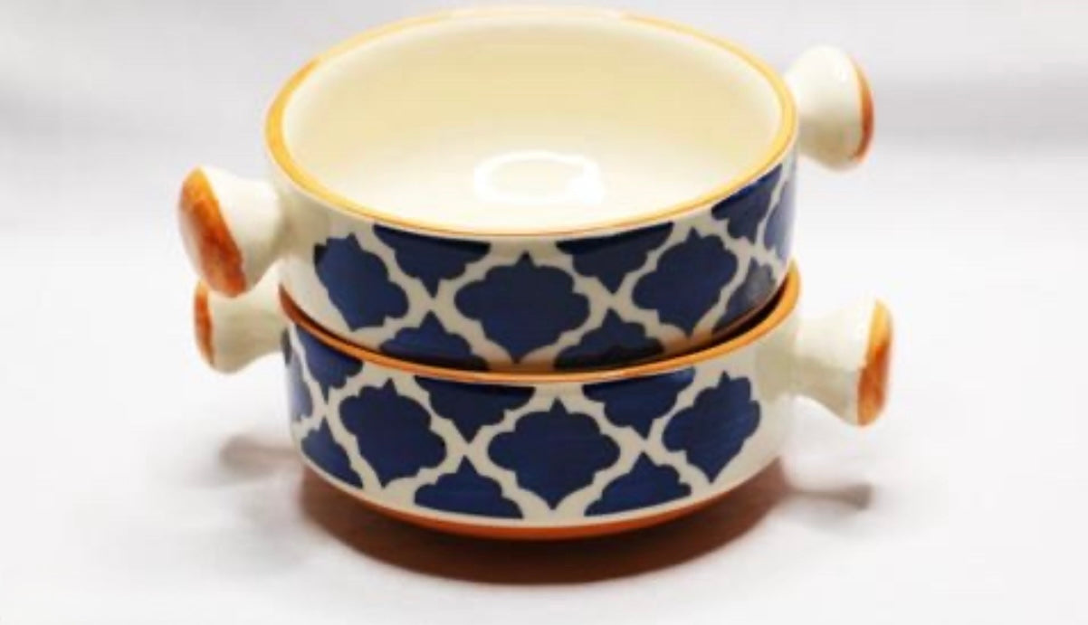 Ceramic Hand Painted Mughal Design Pasta/Soup Serving Bowls - Set of 2