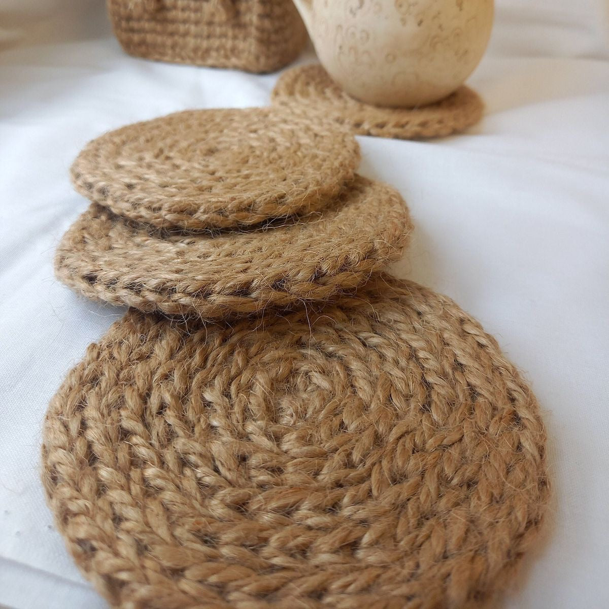 Natural Jute Coasters - Set of 6 with Basket