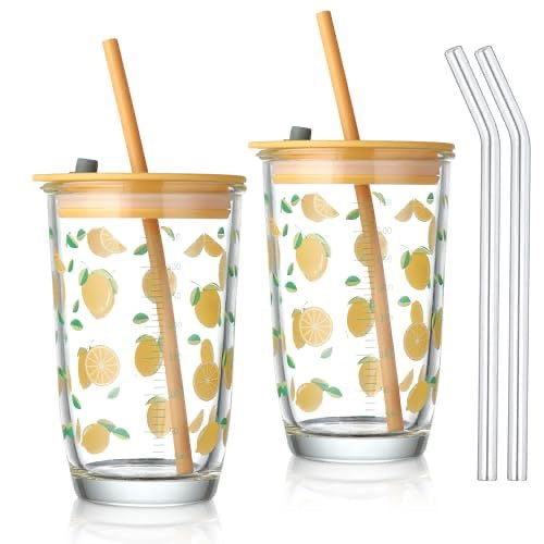 Fruits Print Boba Glass Tumbler with Straw & Lid