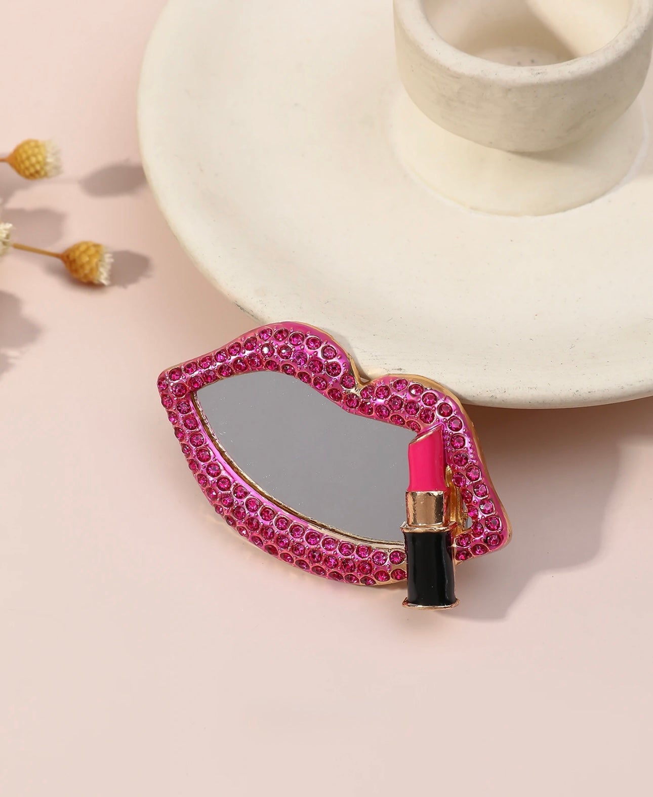Rhinestones Studded Lip Shape Makeup Mirror