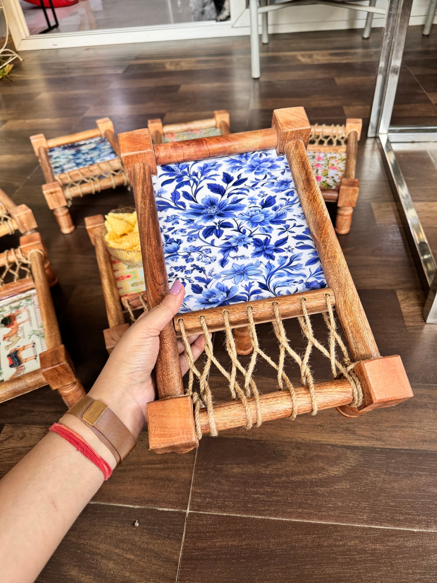 Traditional Blue Pichwai Print Wooden Khatiya/Cot Tray