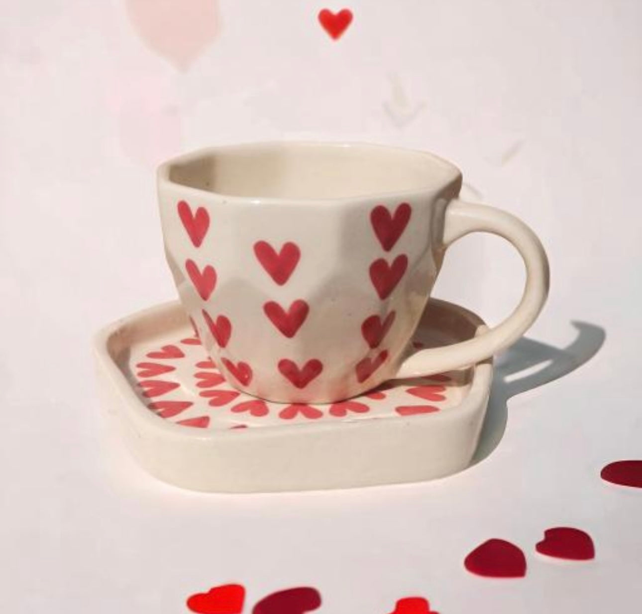 Cute Heart Print Mug & Saucer Set