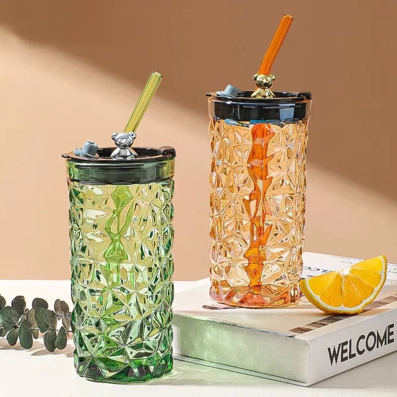 Diamond Glass Tumbler with Teddy Straw