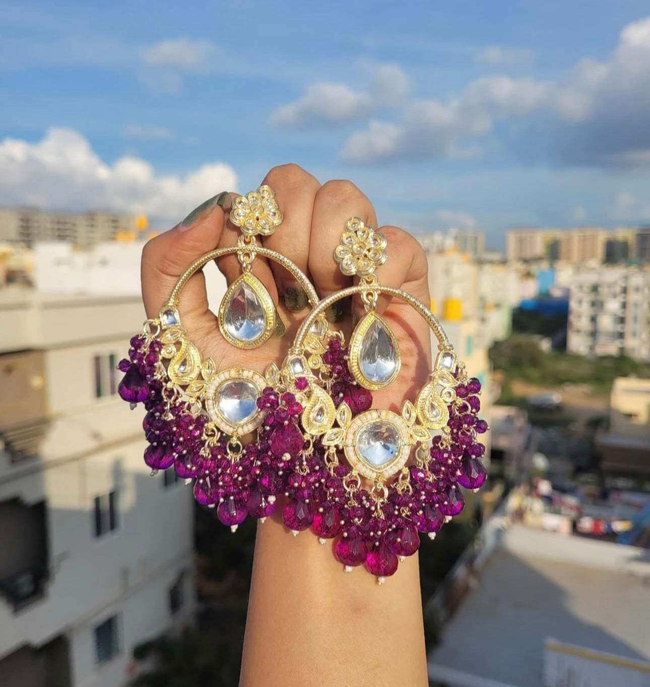 Elegant Purple Stone Kundan Chandbali Dangle Earrings