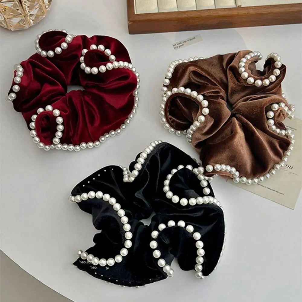 French Vintage Pearl Velvet Scrunchies - Set of 2
