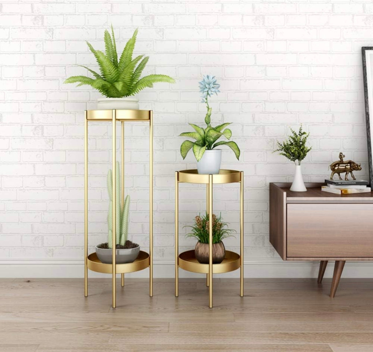 Set of 2 - Metal Floor Plant Stands (Gold)