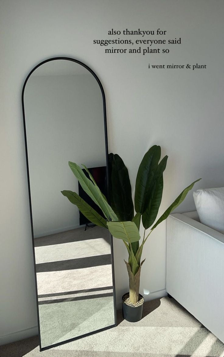 Decorative Full Length Arched Metal Frame Standing Mirror with Stand