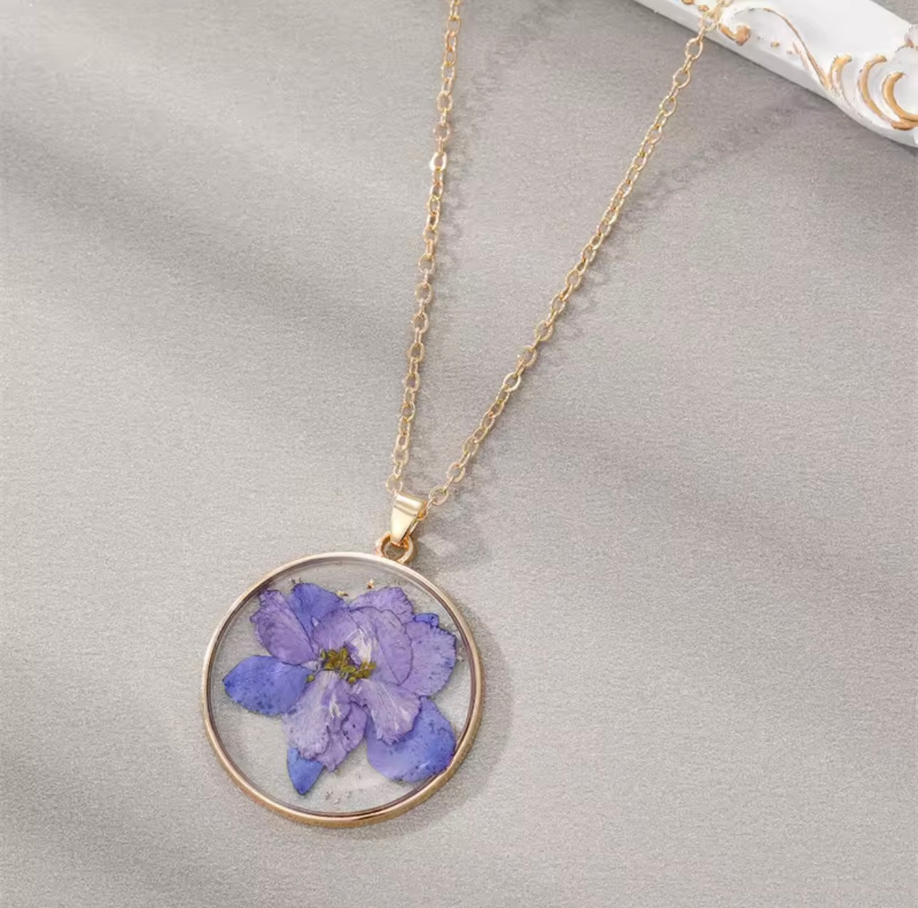 Real Delphinium Consolida Purple Larkspur Flower Pendant
