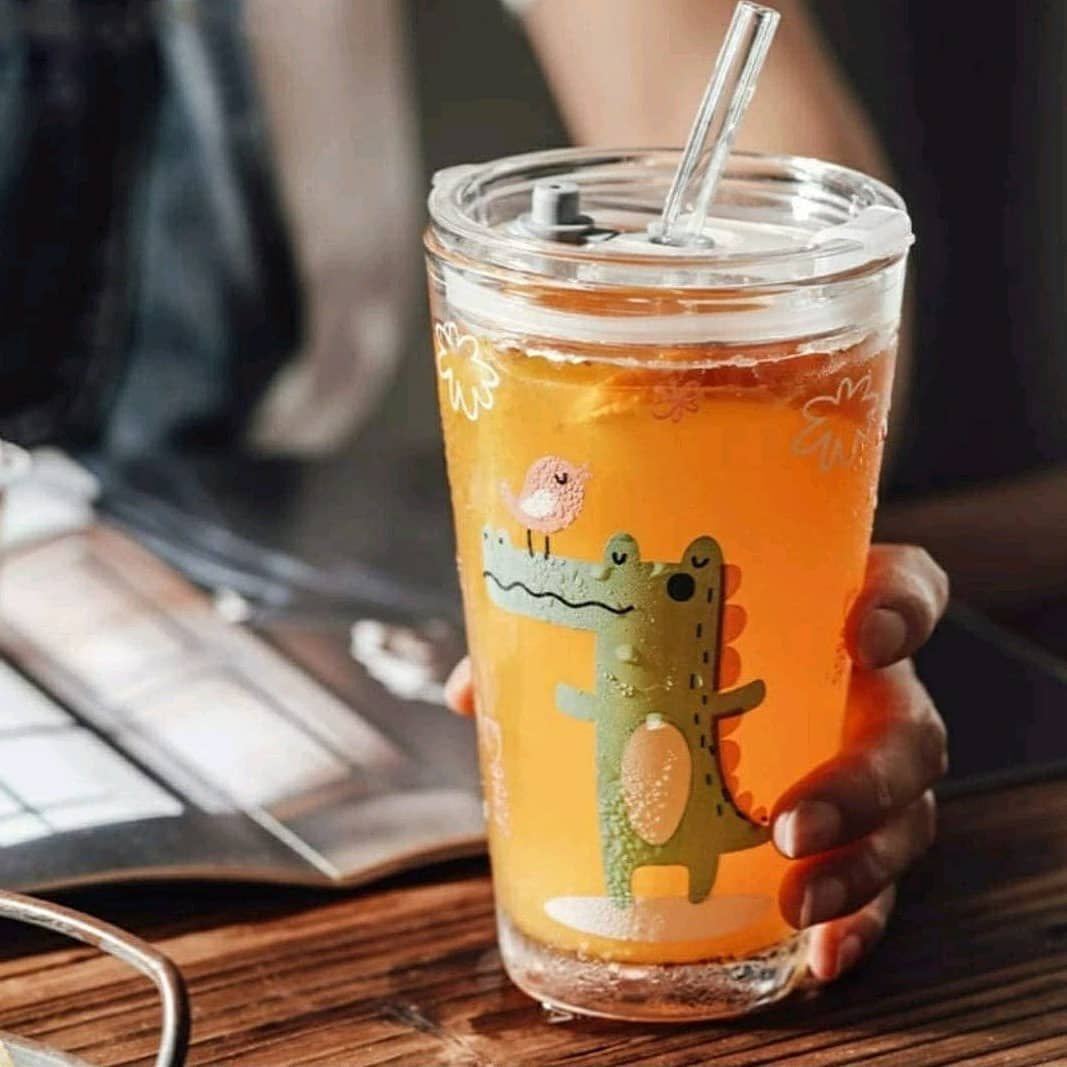 Animals Print Kawaii Boba Glass Tumbler with Straw & Lid