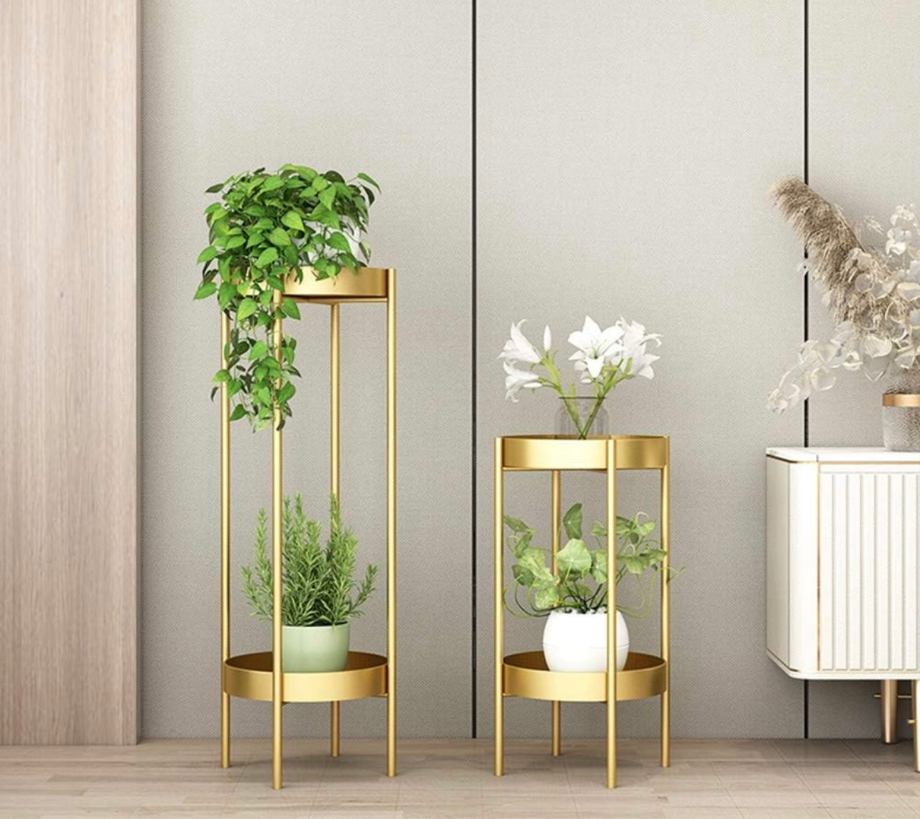 Set of 2 - Metal Floor Plant Stands (Gold)