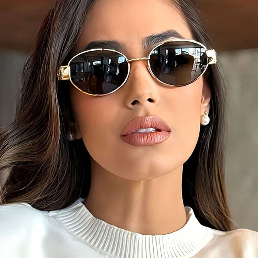 Luxury Vintage Oval Sunglasses Black & Gold with Metal Rim