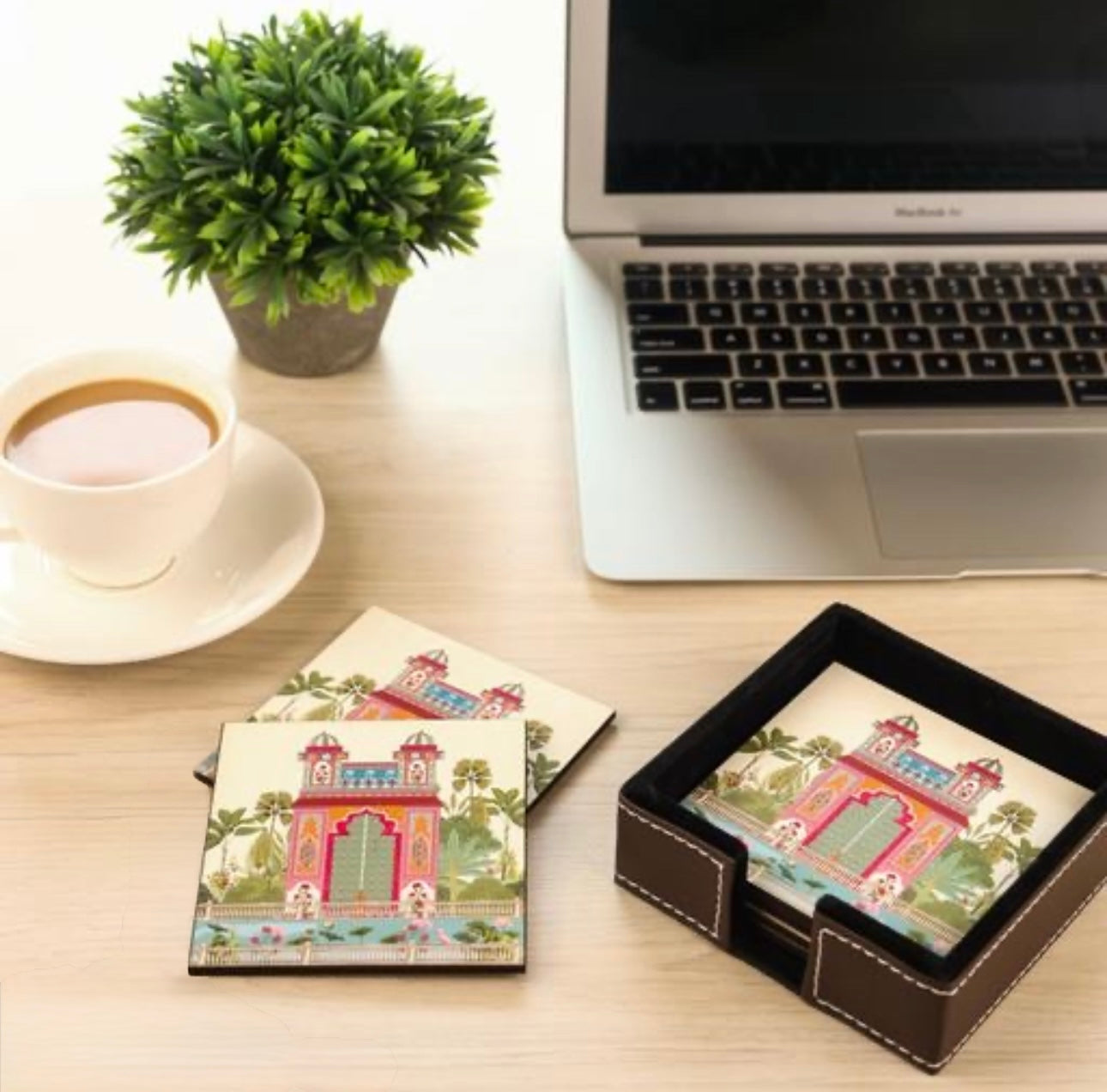 Premium Abstract Design Leather Coasters (Set of 6) with Leather Holder