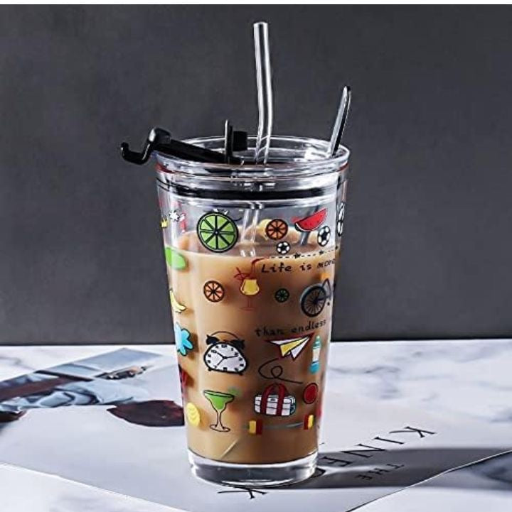 Animals Print Kawaii Boba Glass Tumbler with Straw & Lid