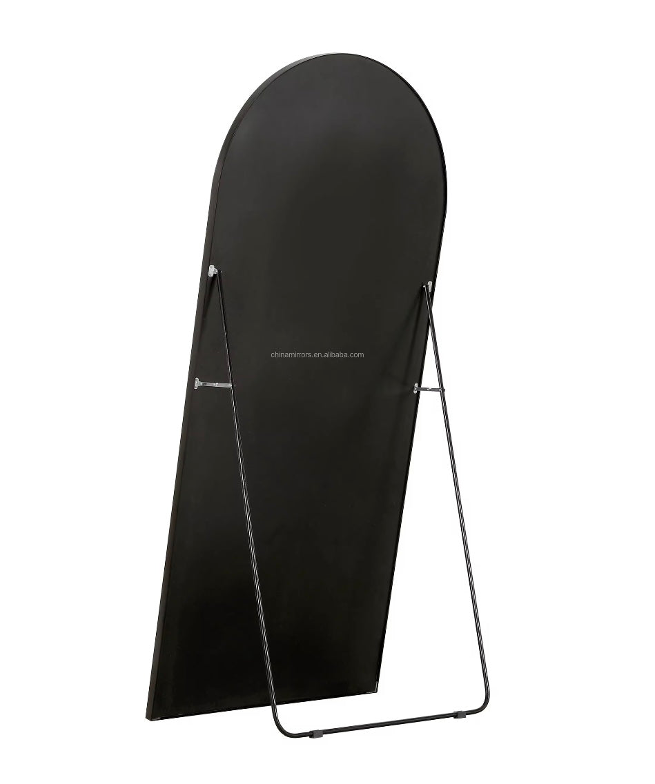 Decorative Full Length Arched Metal Frame Standing Mirror with Stand