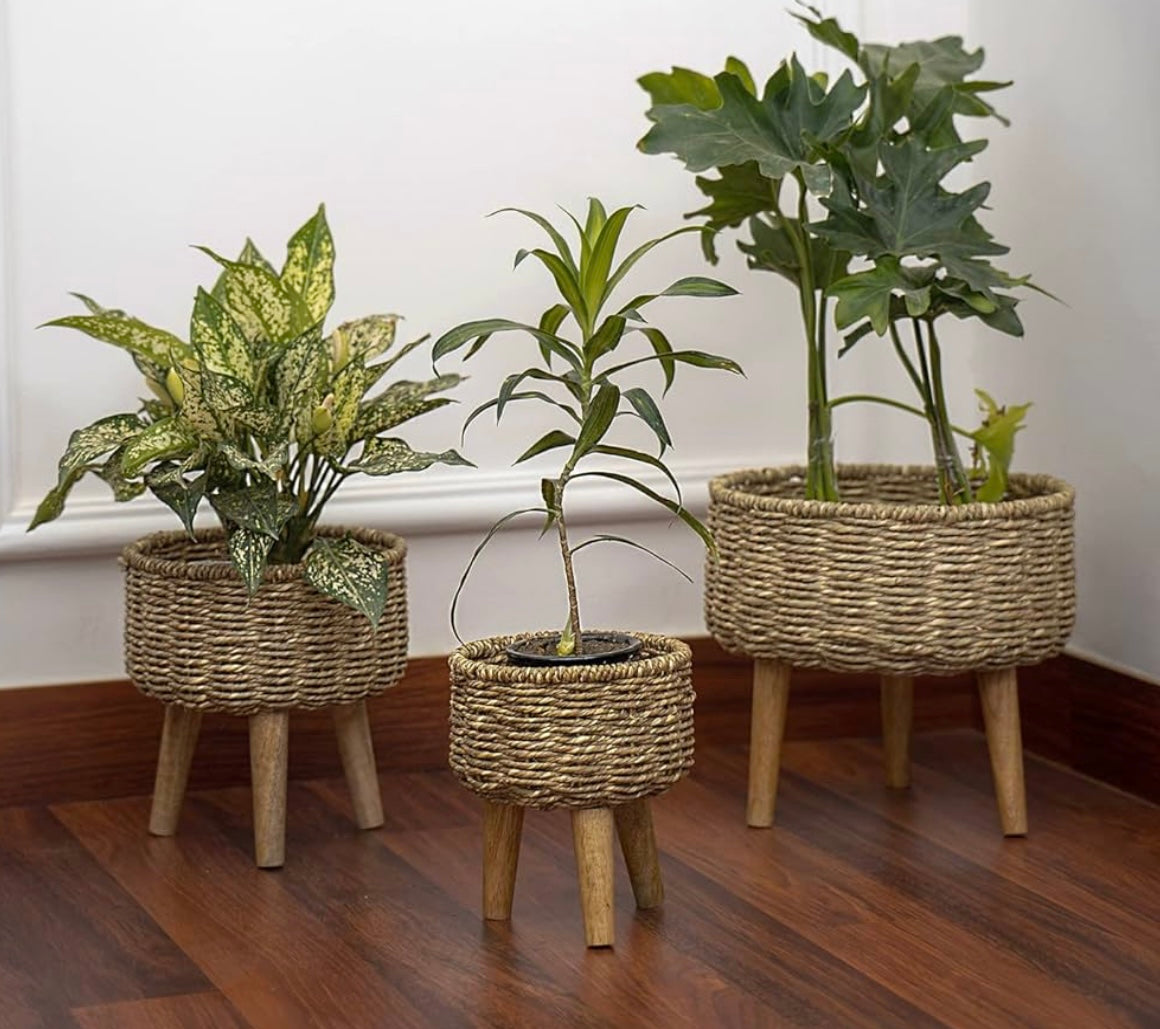 Natural Bamboo Wicker Planters - Set of 3