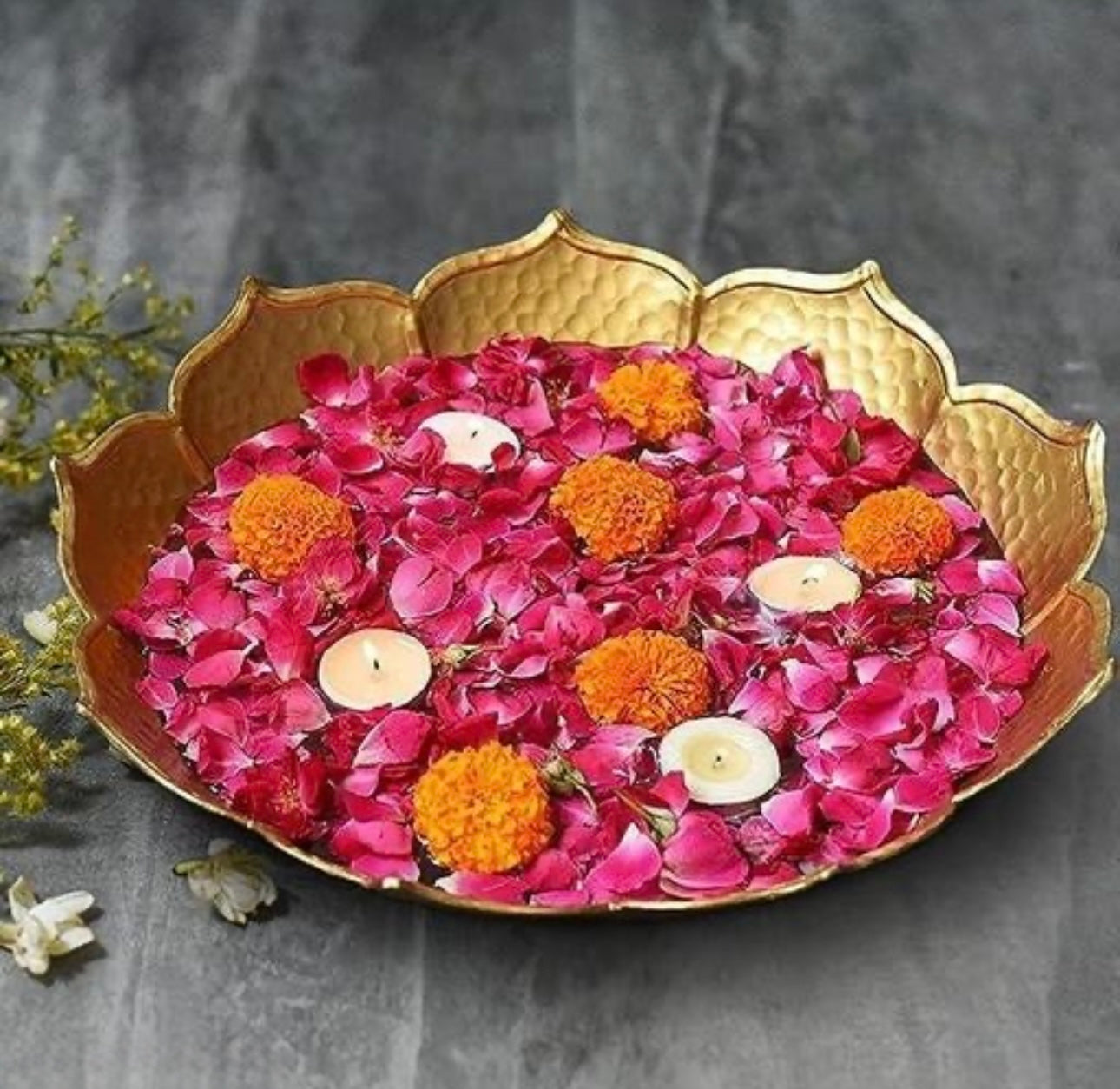 Decorative Lotus Shape Scallop Gold Urli Bowl for Diwali