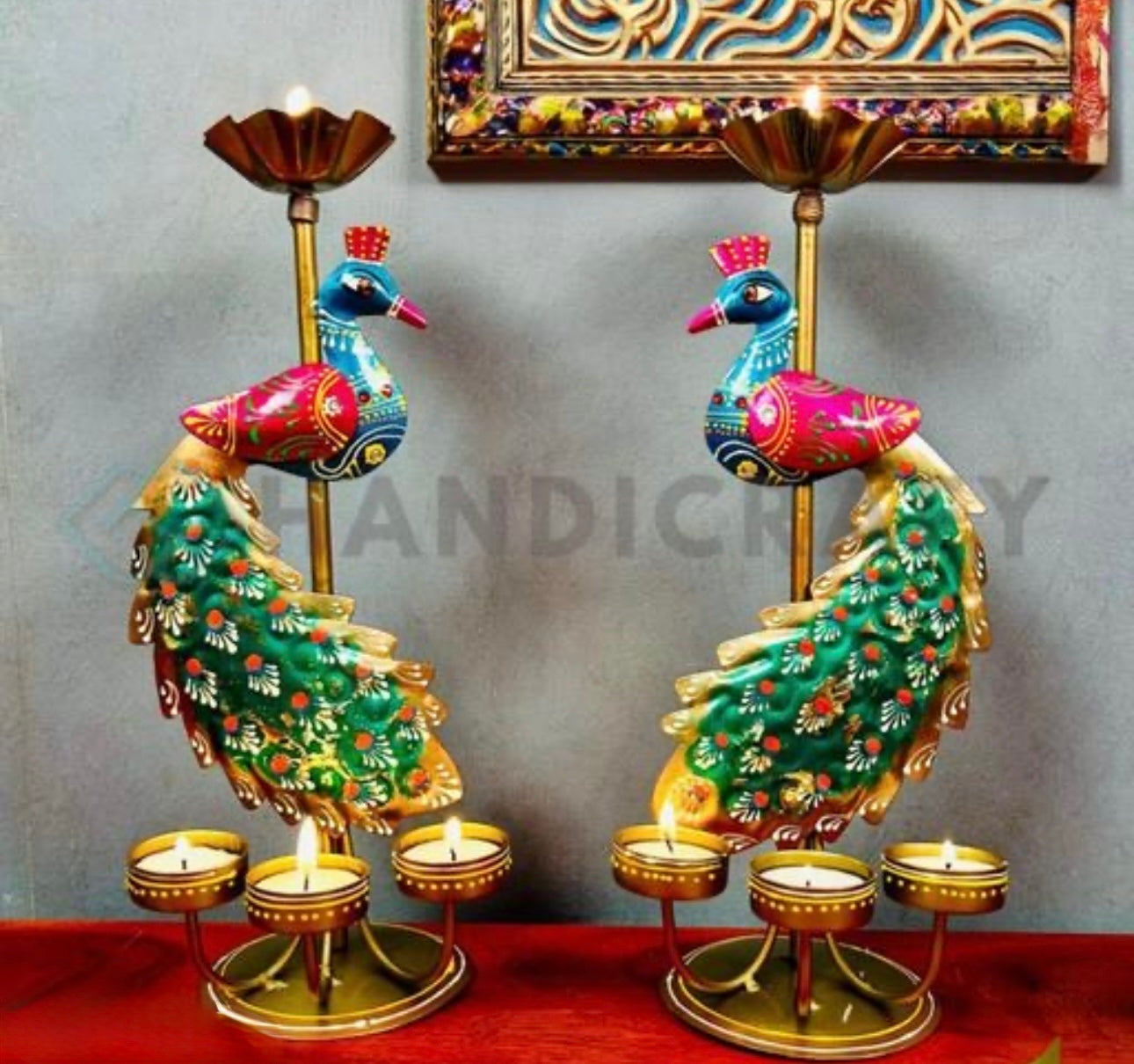 Handcrafted Antique Rustic Peacock Tea-light Candle Holder/Stand - Set of 2