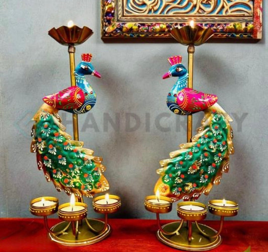 Handcrafted Antique Rustic Peacock Tea-light Candle Holder/Stand - Set of 2