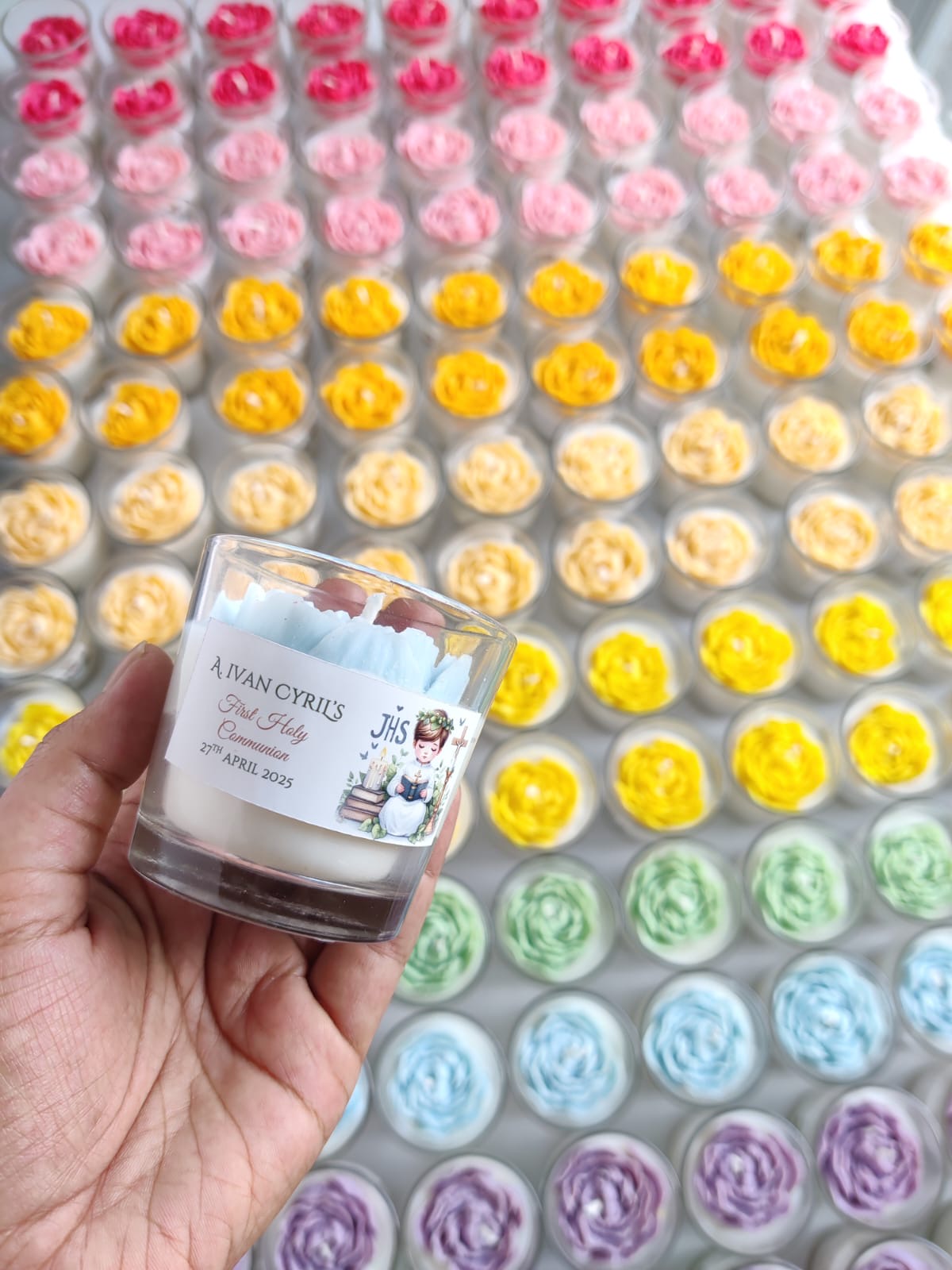 Flower Votive Candles for Return Gifts/Favours with Packaging & Personalised Tags/Stickers