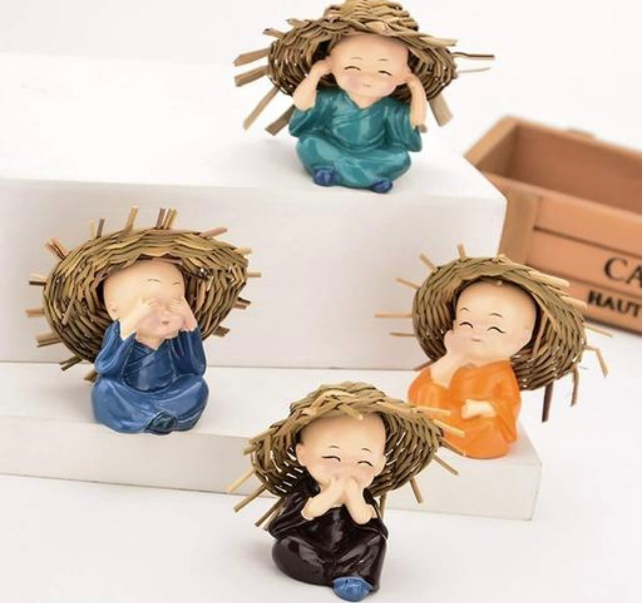 Cute Baby Monk Buddhas with Straw Hats - Set of 4
