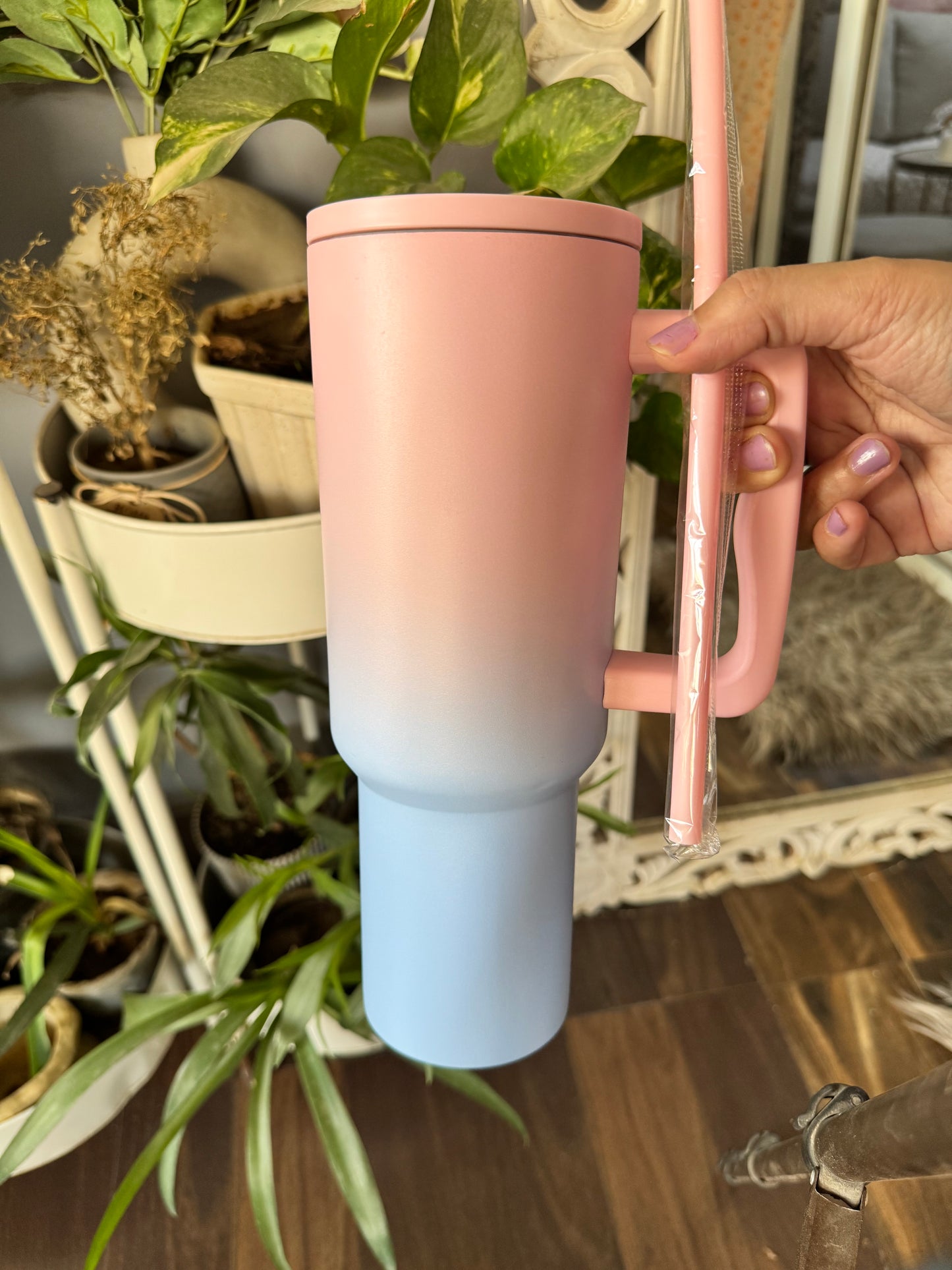 Stanley Mug Imitation Tumbler with Straw & Lid (Pink & Blue)