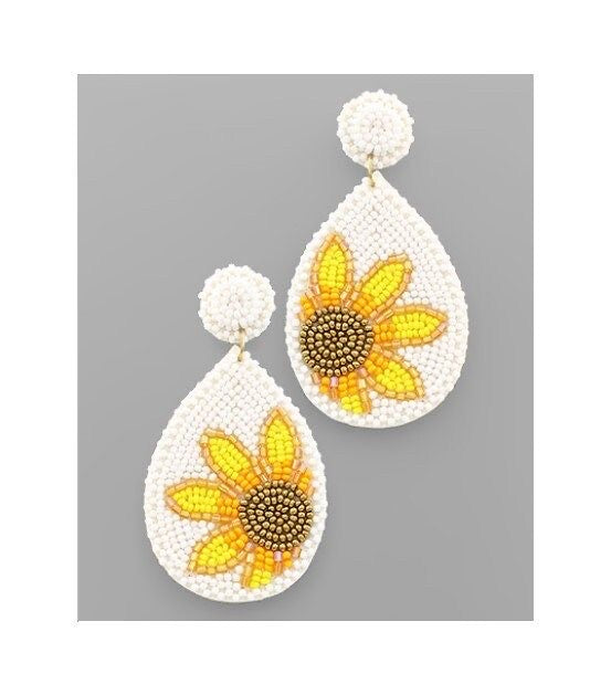 Handmade Sunflower Beaded Teardrop Large Earrings