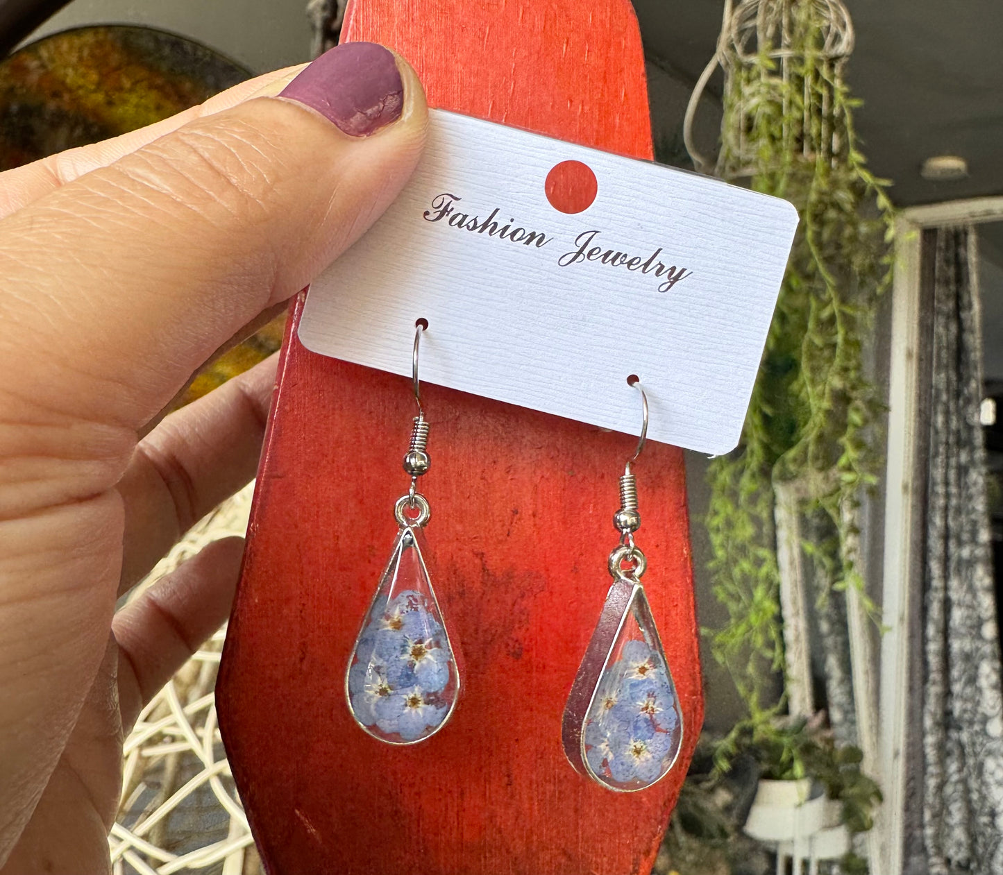 Earrings with Real Forget-Me-Not Pressed Flowers